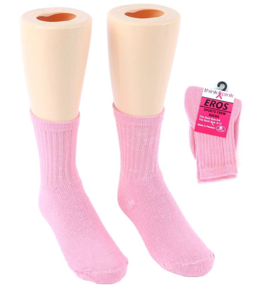 24 Wholesale Boy's & Girl's Pink Athletic Crew Socks For Breast Cancer Awareness - Size 6-8