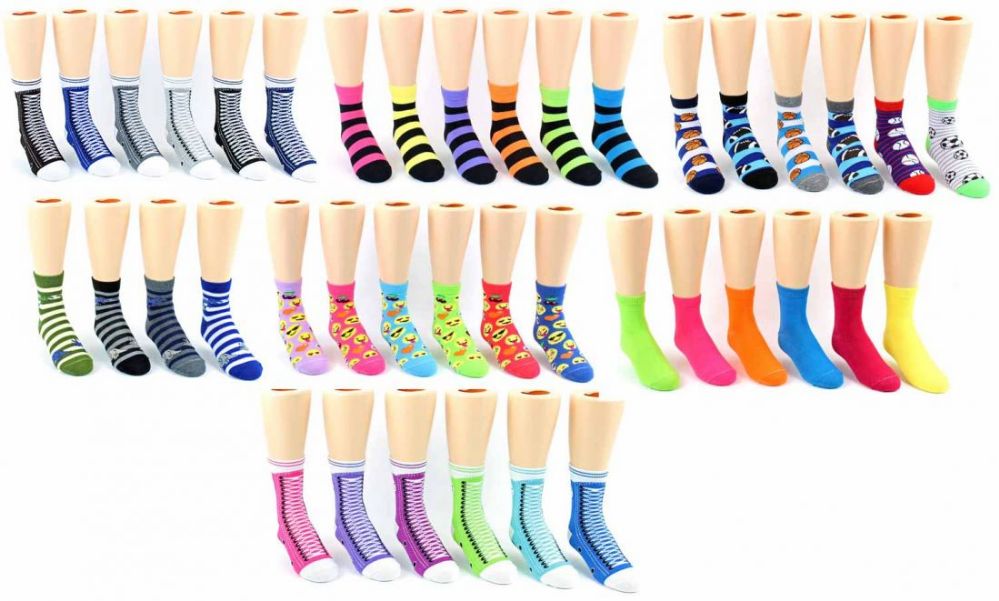 120 Wholesale Boy's & Girl's Novelty Crew Socks - Assorted Prints - Size 4-6