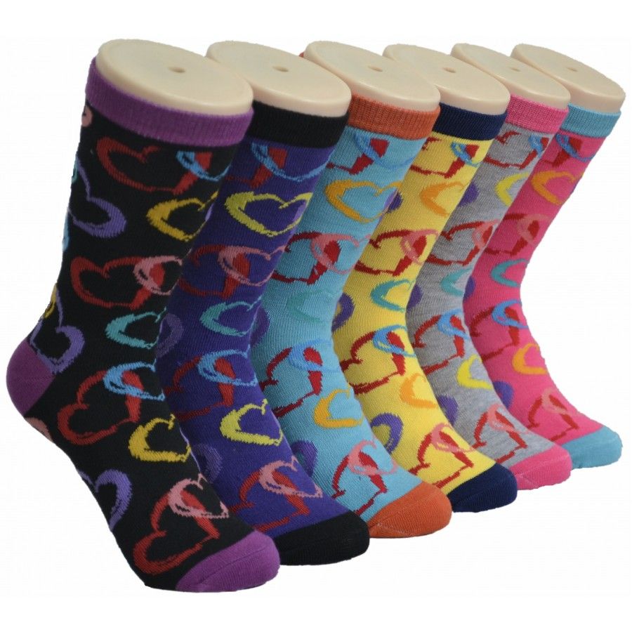 360 Wholesale Ladies Colorful Heart Printed Crew Socks Size 9-11