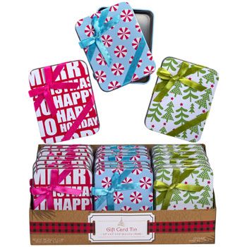 48 Pieces of Gift Tin W/bow On Lid 3ast Xmas Prints 3.5x0.6x4.5in 24pc Pdq Easy Peel Label