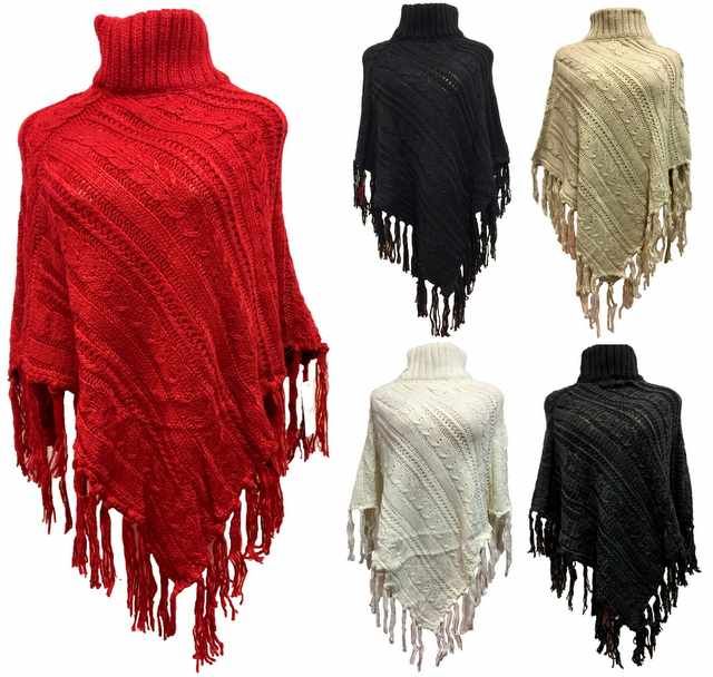 12 Pieces of Wholesale Knitted Poncho Solid Color With Fringe