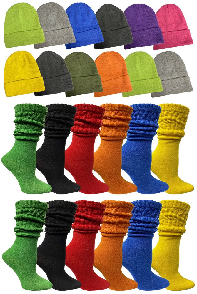 48 Wholesale Yacht & Smith Wholesale Colorful Slouch Socks And Winter Beanies Bundle Set For Women