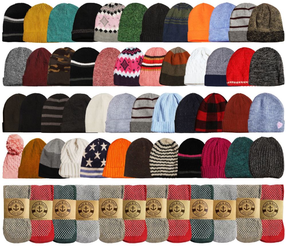 96 Pairs Yacht & Smith Womens Warm Winter Hats And Thermal Gripper Socks Set - Winter Care Sets