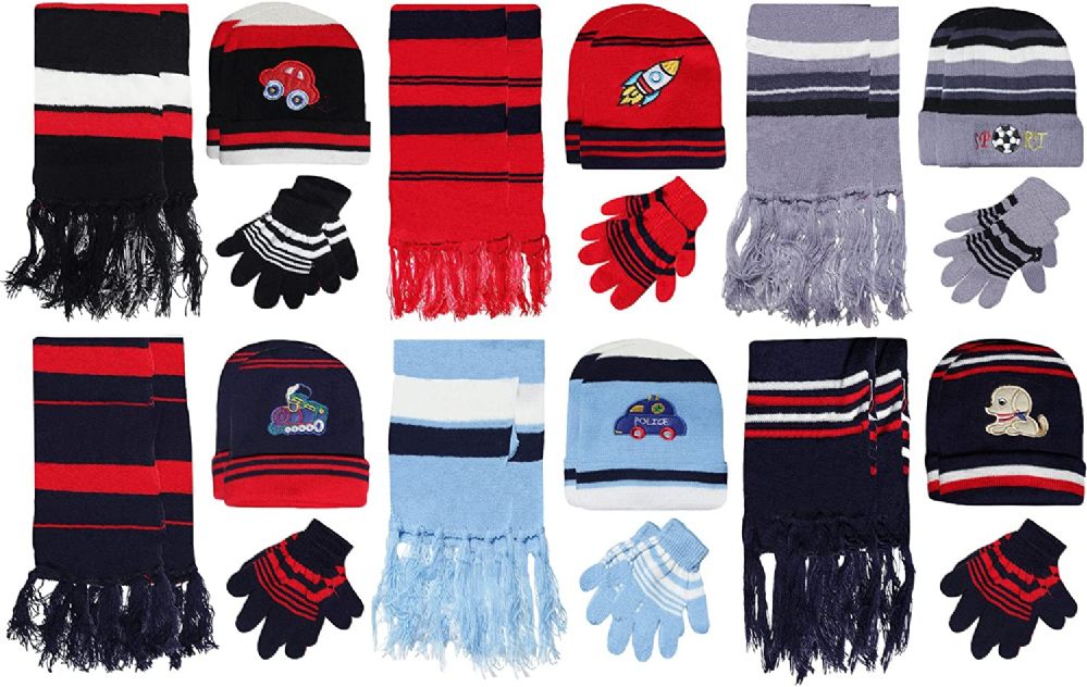12 Wholesale Yacht & Smith Boys 3 Piece Winter Set , Hat Glove Scarf Assorted Prints Ages 1-8