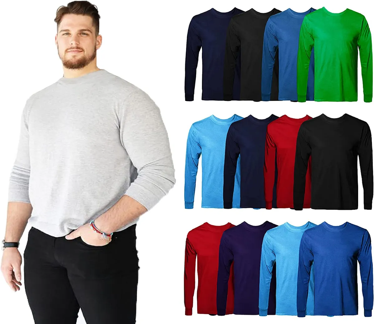 12 Pieces of Mens Cotton Long Sleeve Tee Shirt Assorted Colors Size 2x Large