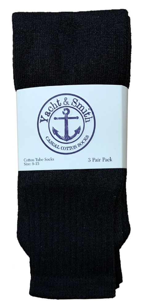 36 Wholesale Yacht & Smith Women's Cotton Tube Socks, Referee Style, Size 9-15 Solid Black 28inch