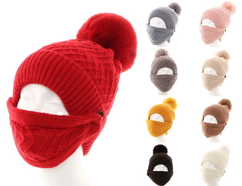72 Wholesale Womans Knit Winter Pom Pom Hat Plush Hat With Face Covering