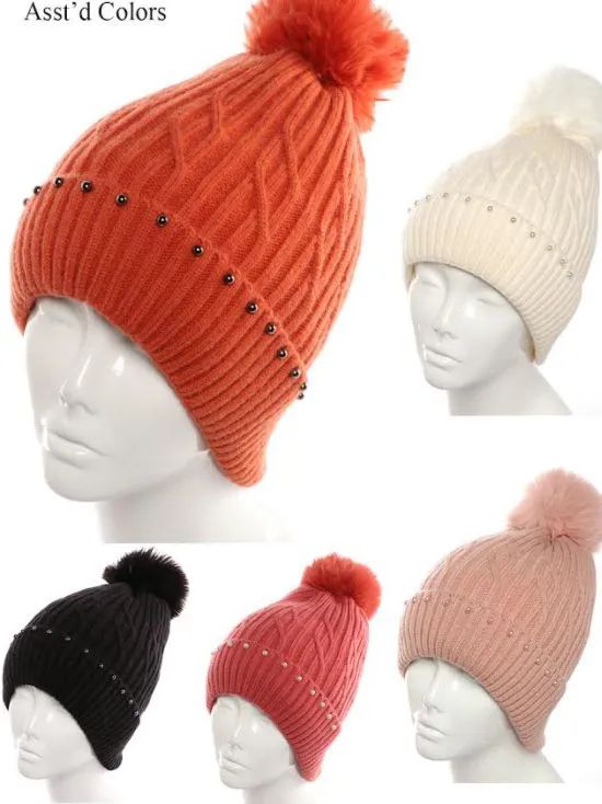 72 Wholesale Womans Knit Winter Pom Pom Hat With Stones