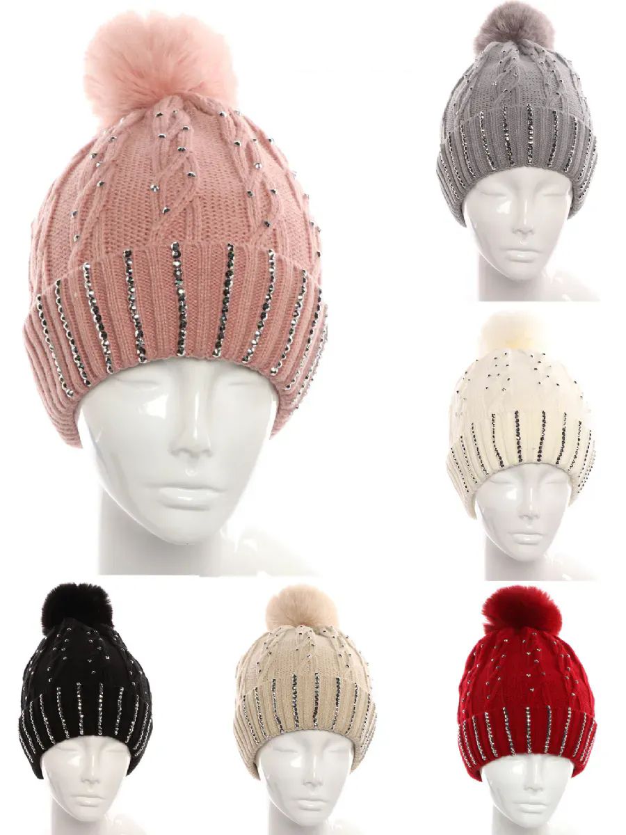 72 Wholesale Womans Knit Winter Pom Pom Hat With Stones