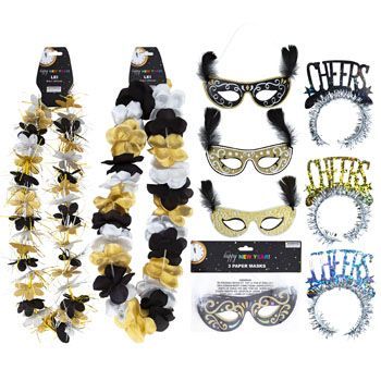 24 Pieces of New Year Party Costume 5ast 2-Leis/2-3pk Mask/3pk Headbands Ny Barbell/pbh/pb W/insert