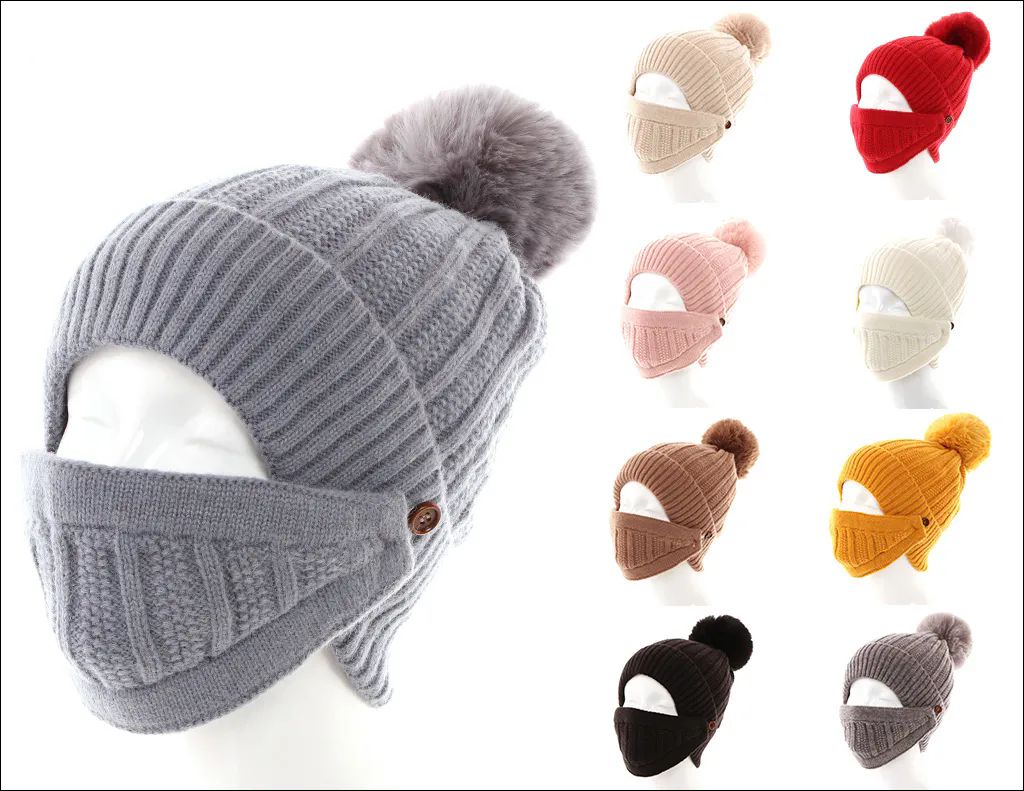 72 Pieces of Womans Knit Winter Pom Pom Hat Plush Hat With Face Covering