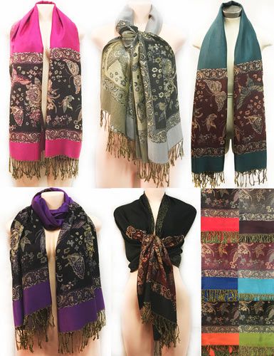 24 Bulk Large Butterfly With Fringes Pashmina Scarves Assorted