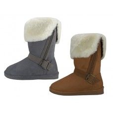 24 Wholesale Women's Micro Suede Fold Over Warm Winter Boots With Faux Fur Lining And Side Zipper