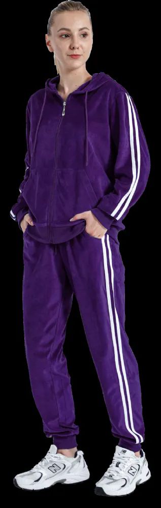 12 Wholesale Ladies 2pc Set Soft Velour Hooded Sweatshirt & Sweatpant W/ Pockets Purple (1X-3x) 12/cs