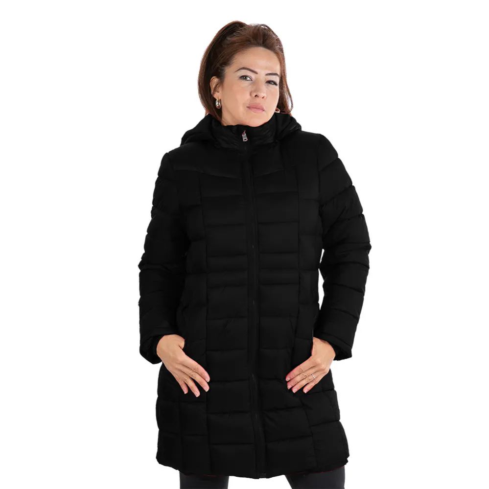 12 Pieces of Ladies Full Zip ThreE-Quarter 20d Solid Puffer Down Fleece Hoody Jacket Black 12/cs (S-Xl)