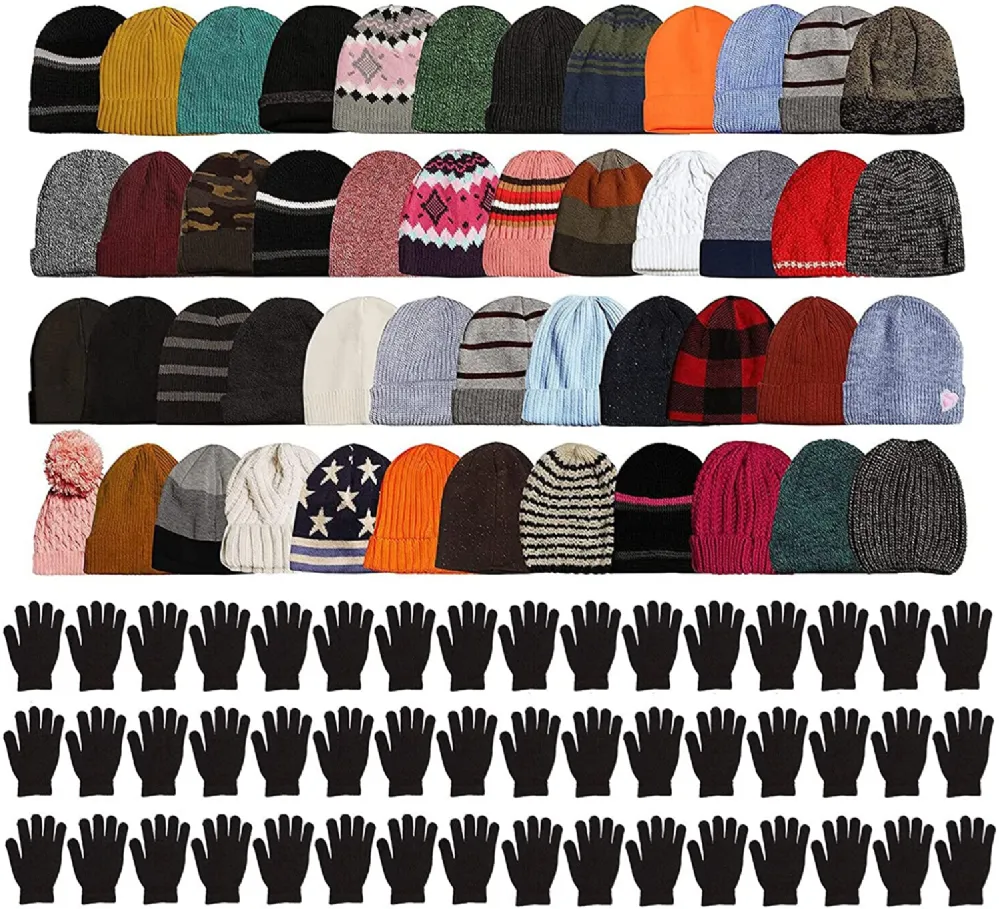 96 Pieces of Yacht & Smith Unisex Winter Assorted Colored/print Hats & Black Glove