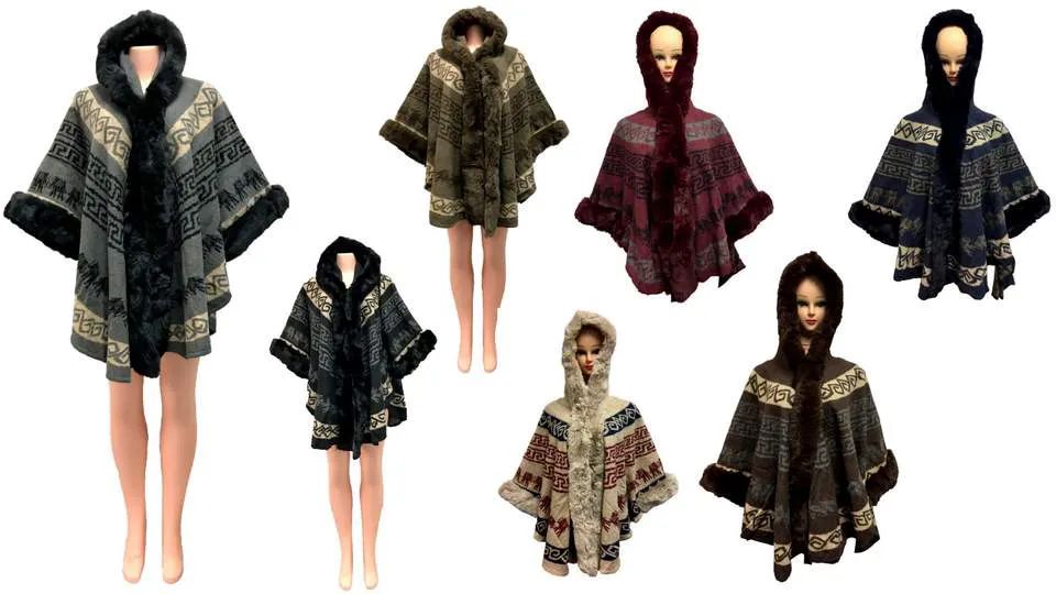 12 Pieces of Faux Fur Aztec Pattern Cape With Hood Ast