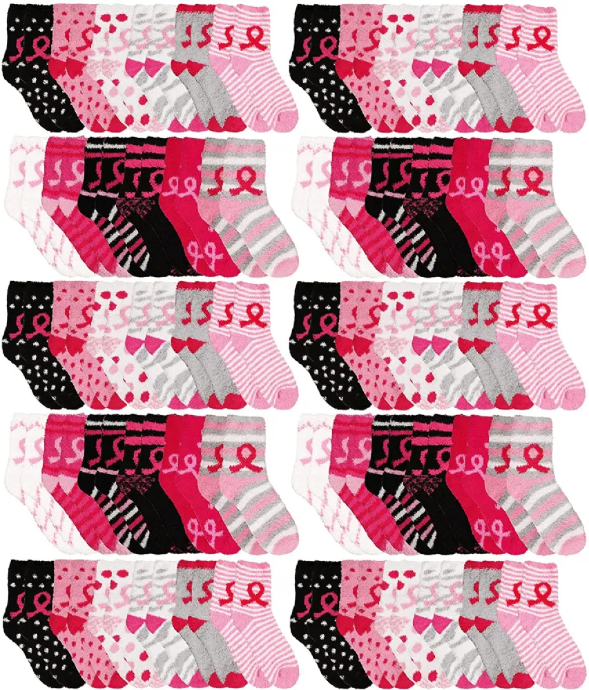 60 Pairs of Yacht & Smith Women's Assorted Colored Warm & Cozy Fuzzy Breast Cancer Awareness Socks