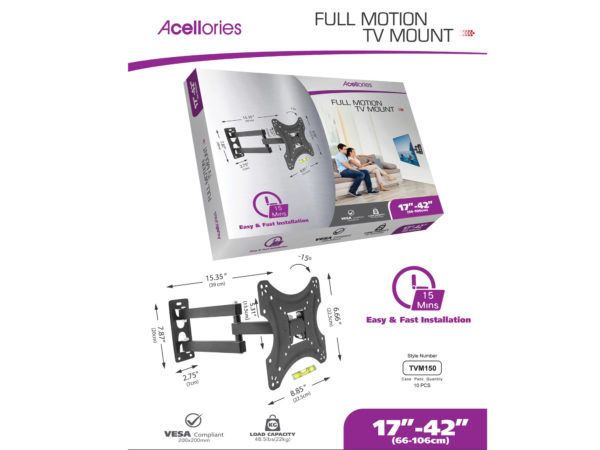 6 Pieces of Acellories Full Motion 17 In - 42 In Tv Mount With Easy Installation