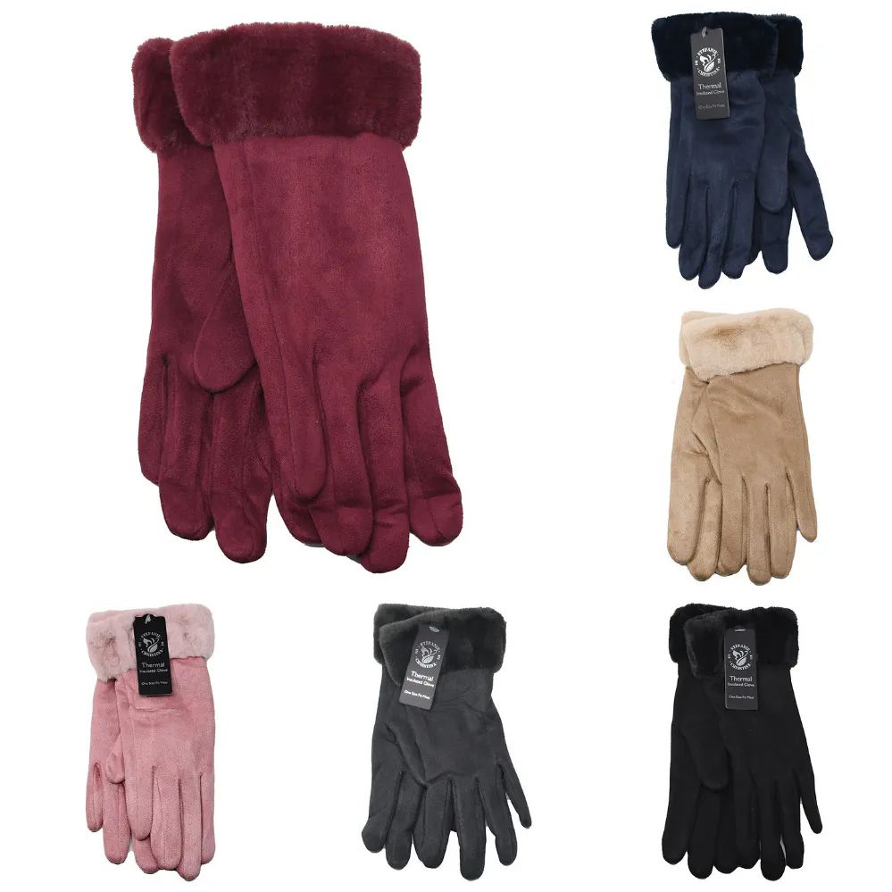 36 Wholesale Suede Fashion Gloves Style Fur Linning Mix Colors