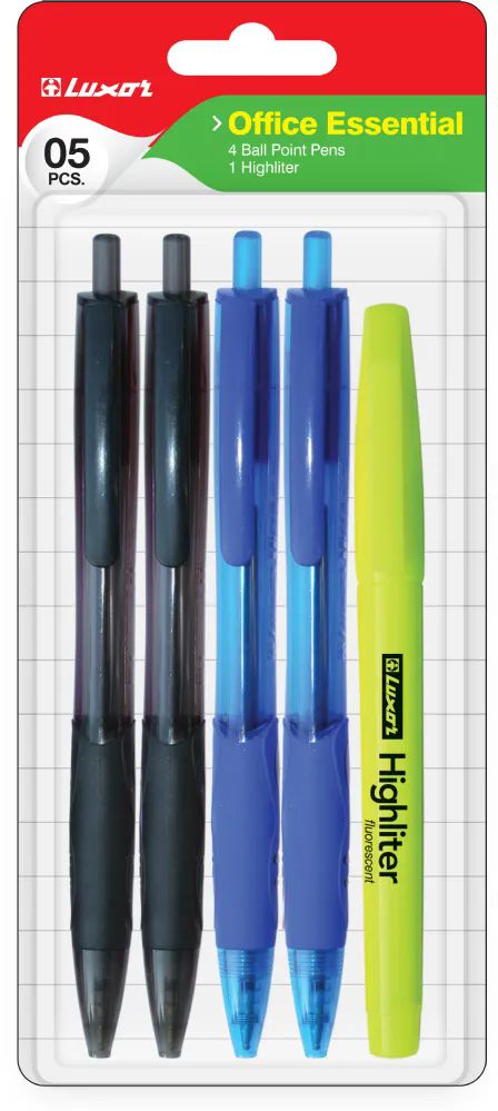 144 Pieces of Office Essential (5pk Blister), Four Retractable Pens With One Highlighter Combo Pack.