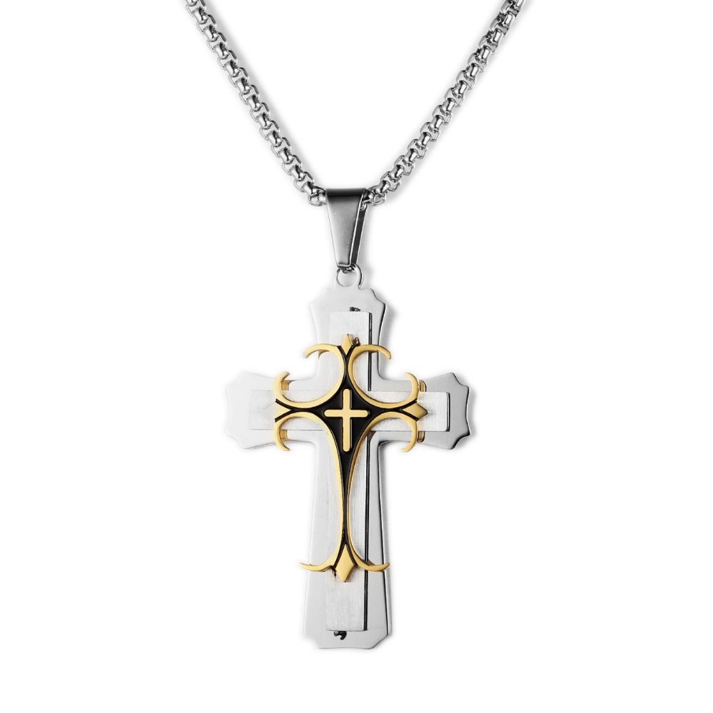 48 Wholesale Stainless Steel Christian Cross Necklace - Black, Gold ...