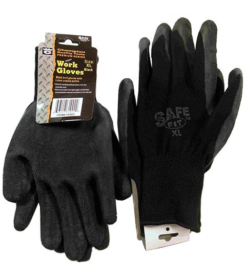 144 Pieces of Black Poly Glove With Black Latex Coated Xlarge