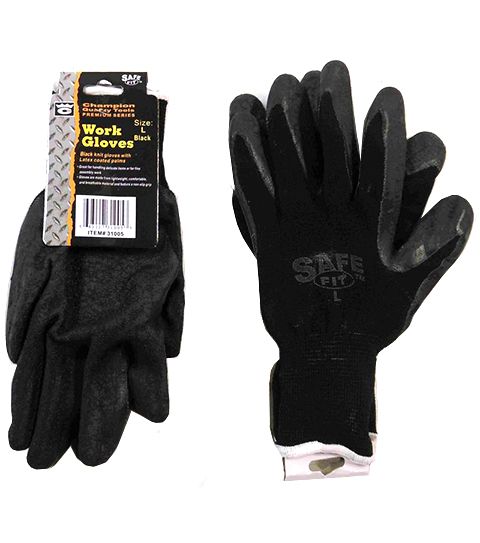 144 Pieces of Black Poly Glove With Black Latex Coated Large