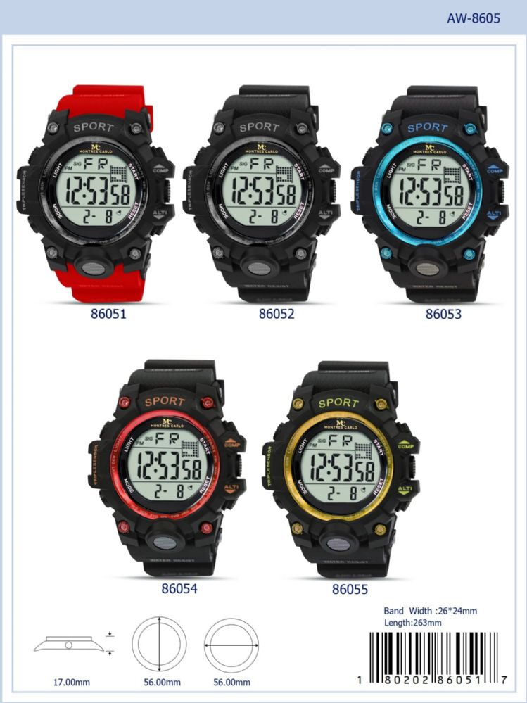12 Wholesale Digital Watch 86055 assorted colors at