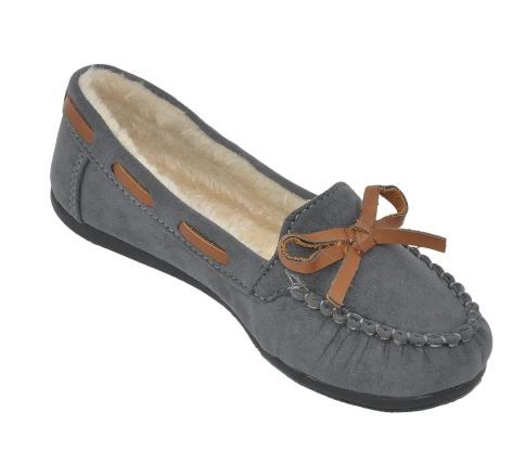18 Wholesale Children's Moccasin Slippers With Faux Fur Lining In Gray
