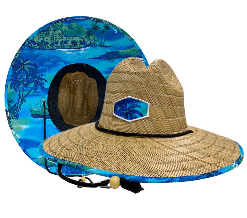 6 Wholesale Lifguard Wide Brim Straw Fedora With Fabric Back Brim And Edge  Color Palm Tree - at 