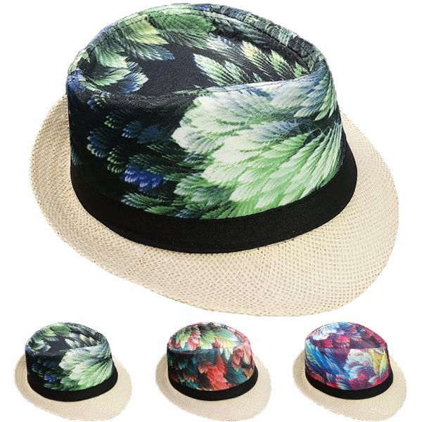 Black Straw Fedora Hat with Multicolor Floral Band Fedora with Floral Cotton Band – San Diego Hat Company main image 3