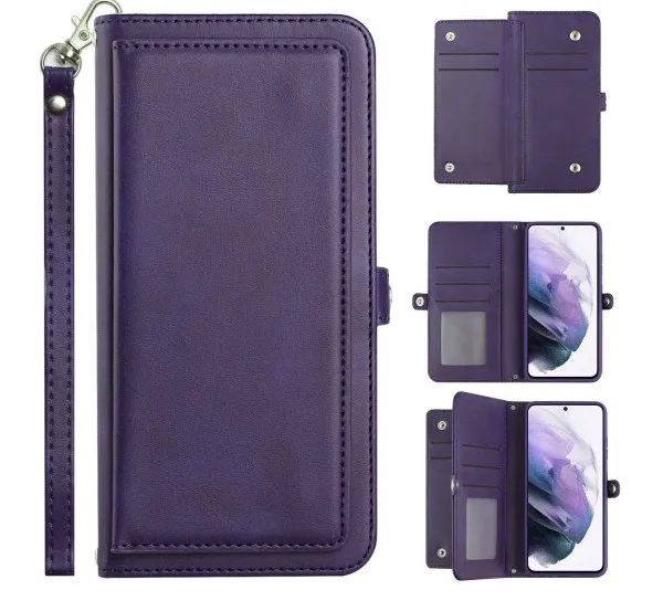 12 Wholesale Premium Pu Leather Folio Wallet Front Cover Case With Card Holder Slots And Wrist Strap For Samsung Galaxy S22 5g In Purple
