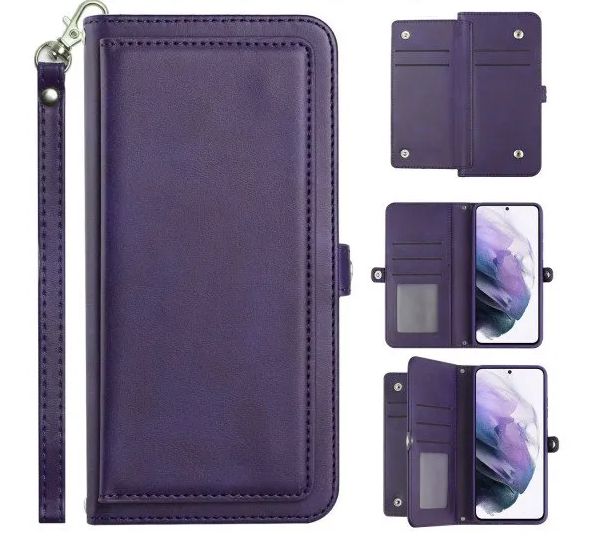 12 Wholesale Premium Pu Leather Folio Wallet Front Cover Case With Card Holder Slots And Wrist Strap For Samsung Galaxy S22 Ultra 5g In Purple