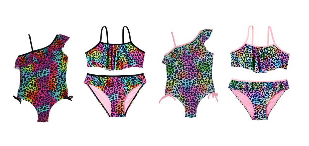 24 Pieces of Girl's High Fashion One & TwO-Piece Rainbow Swimsuits W/ Cheetah Print - Sizes 7-16