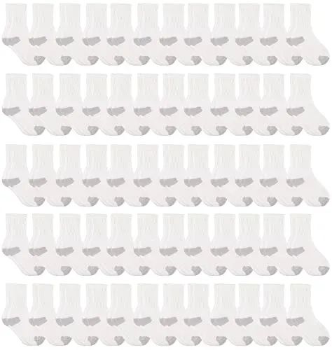 60 Pairs of Yacht & Smith Kid's Cotton Terry Cushioned White With Gray Heel/toe Crew Socks
