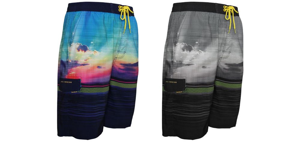 24 Wholesale Men's High Fashion 4-Way Swim Trunks W/ Beach Sunset Print - Sizes SmalL-2xl