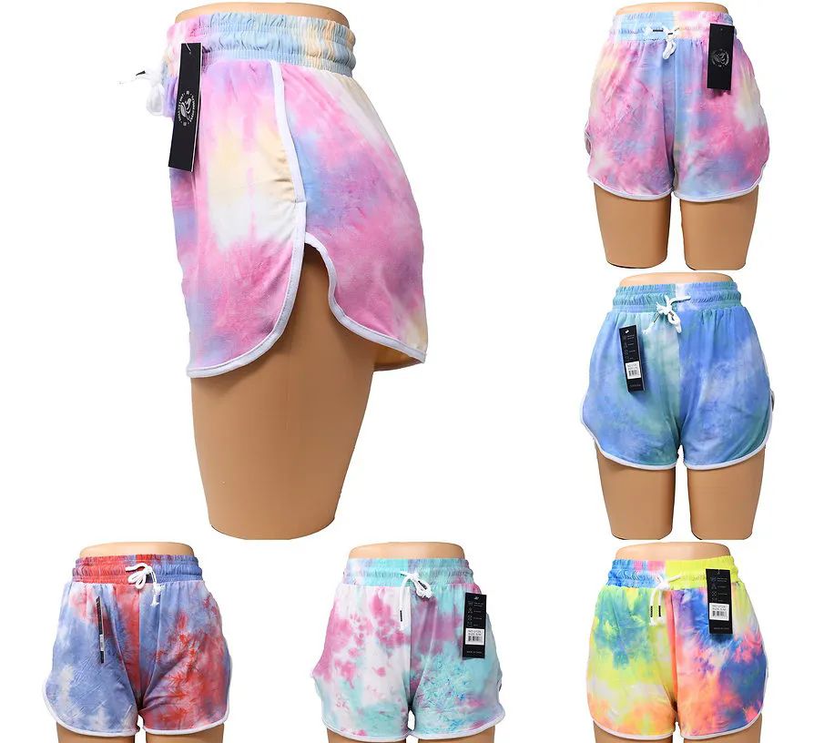 24 Wholesale Womens Abstract Tie Dye Print Elastic Waist Nylon Shorts Size L / xl