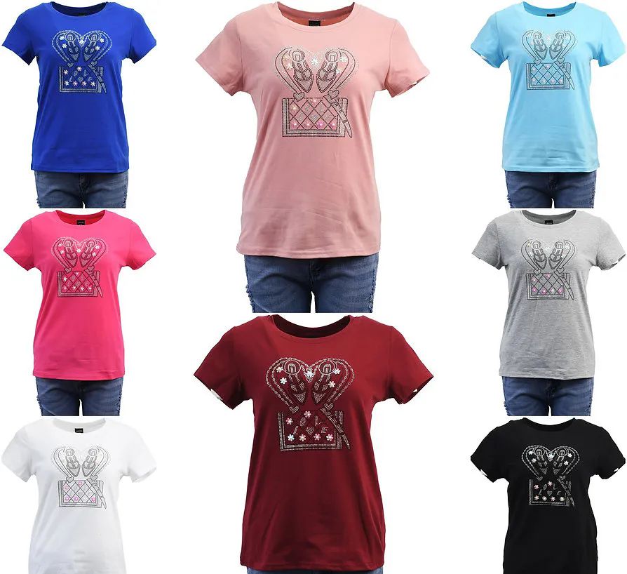 24 Pieces of Womens Cotton Rhinestone Shoe Print T-Shirt Size S / M