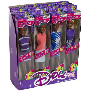 24 Wholesale Doll 11in Black 4asst Crazy Hair Colors Window Box 12pc Pdq