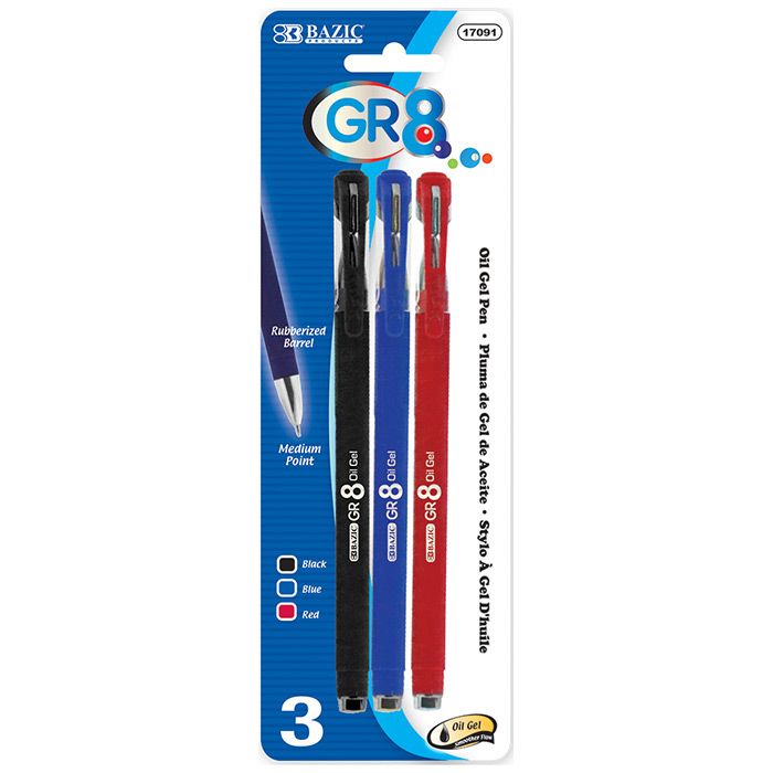 24 Wholesale Gr8 Asst. Color OiL-Gel Ink Pen W/ Rubberized Barrel (3/pack)