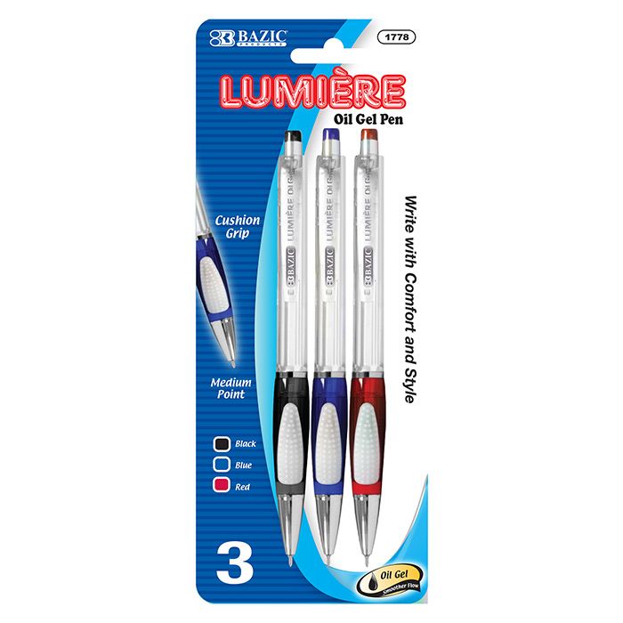 24 pieces of Lumiere Assorted Color OiL-Gel Ink Retractable Pen W/ Grip (3/pack)