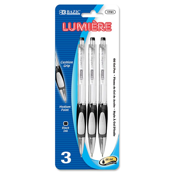 24 Wholesale Lumiere Black OiL-Gel Ink Retractable Pen W/ Grip (3/pack)