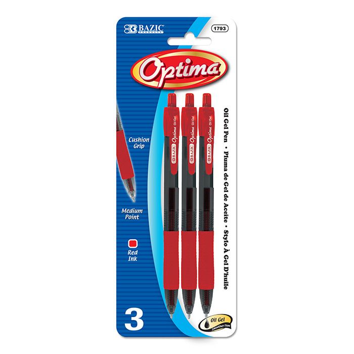 24 Wholesale Optima Red OiL-Gel Ink Retractable Pen W/ Grip (3/pack)