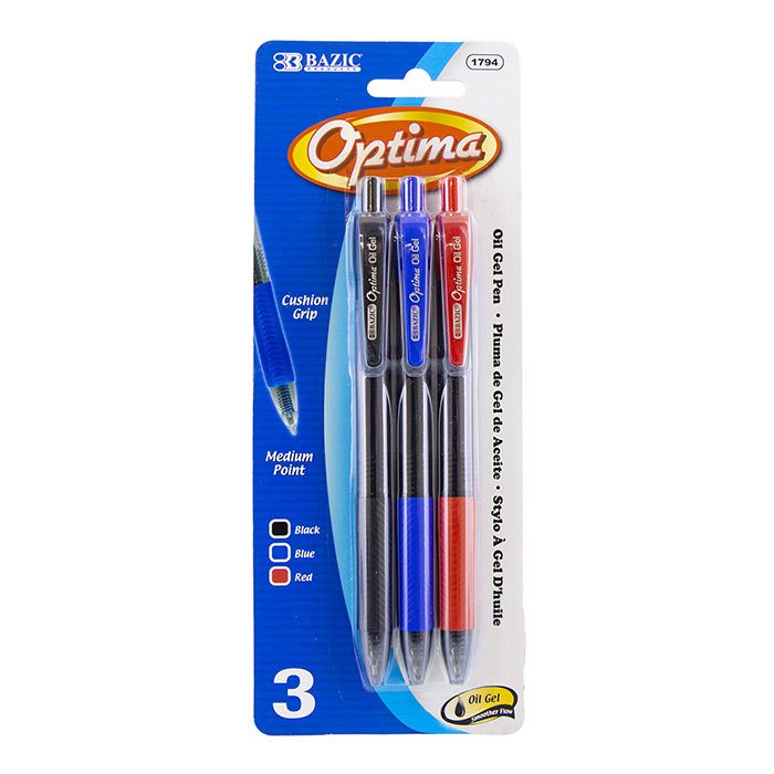 24 Wholesale Optima Assorted Color OiL-Gel Ink Retractable Pen W/ Grip (3/pack)