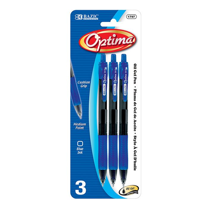 24 Wholesale Optima Blue OiL-Gel Ink Retractable Pen W/ Grip (3/pack)