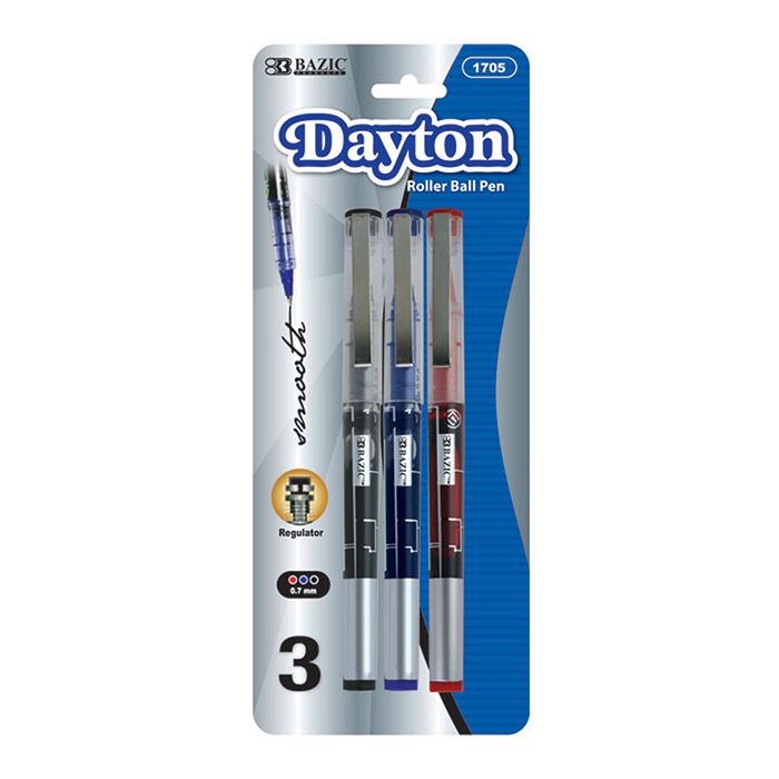 24 Wholesale Dayton Asst. Color Rollerball Pen W/ Metal Clip (3/pack)