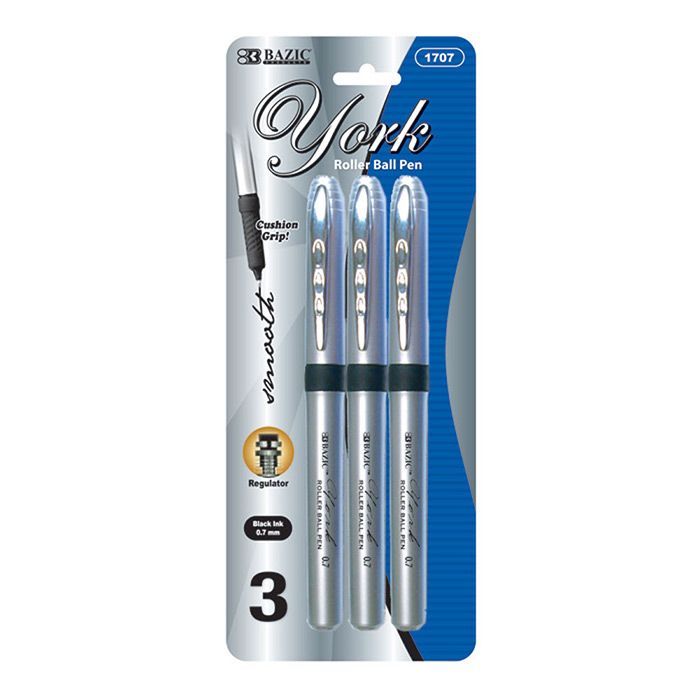 24 Wholesale York Black Rollerball Pen W/ Grip (3/pack)