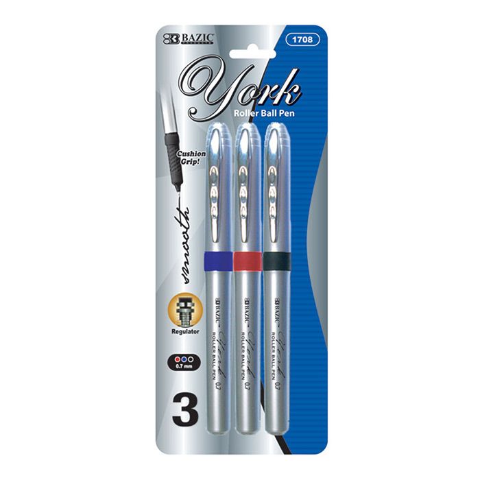 24 Wholesale York Asst. Color Rollerball Pen W/ Grip (3/pack)