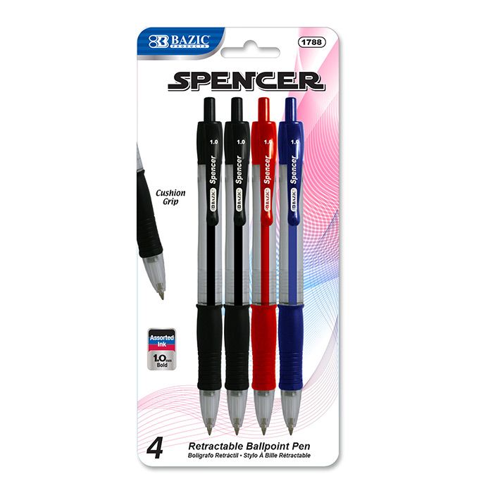 24 Wholesale Spencer Asst. Color Retractable Pen W/ Cushion Grip (4/pack)